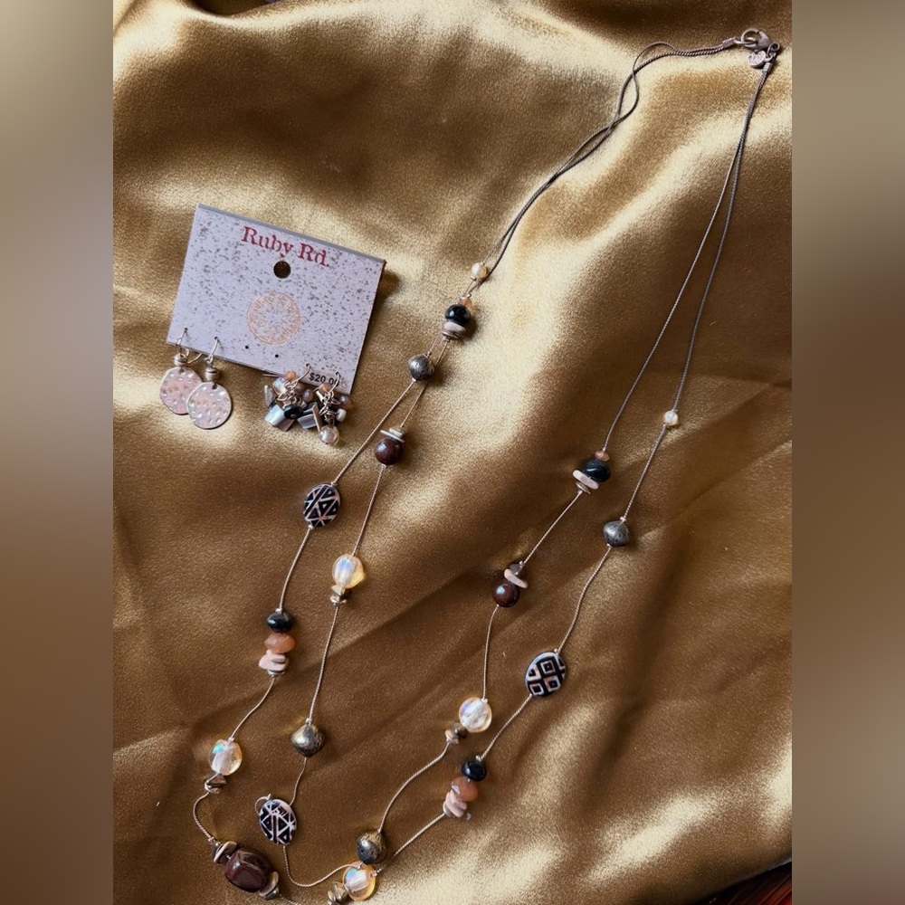 Ruby Rd. Brown & Gold Mixed-Bead Long Necklace with Matching Earrings